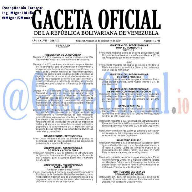 Gaceta Oficial 41781 del 13 Diciembre 2019