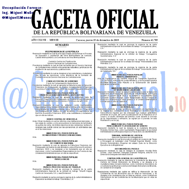 Gaceta Oficial 41785 del 19 Diciembre 2019 Gaceta Oficial 41785 del 19 Diciembre 2019