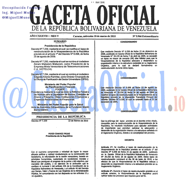 Gaceta Oficial 5966 del 10 Marzo 2010