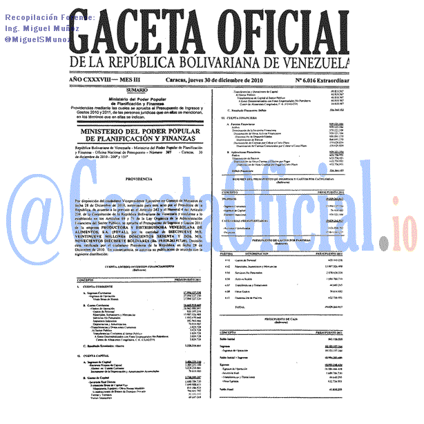 Gaceta Oficial 6016 del 30 Diciembre 2010