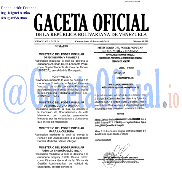 Gaceta Oficial 41798 del 13 Enero 2020