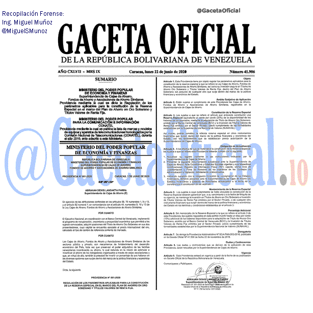 Gaceta Oficial 41906 del 22 junio 2020 Gaceta Oficial 41906 del 22 junio 2020