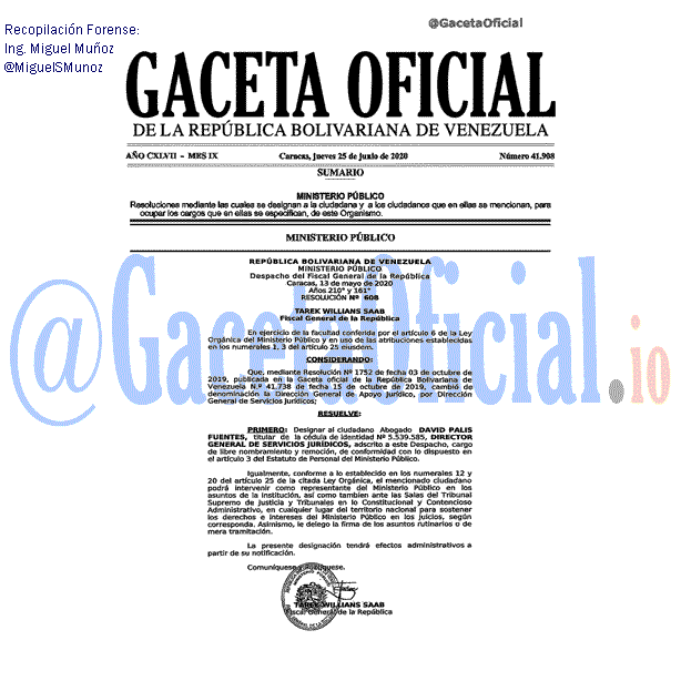 Gaceta Oficial 41908 del 25 junio 2020 Gaceta Oficial 41908 del 25 junio 2020
