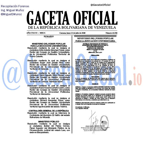 Gaceta Oficial 41920 del 13 julio 2020