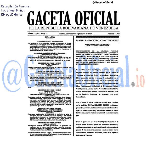 Gaceta Oficial 41955 del 1 septiembre 2020 Gaceta Oficial 41955 del 1 septiembre 2020