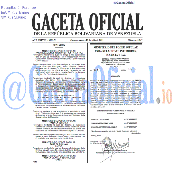 Gaceta Oficial 42167 del 13 julio 2021 Gaceta Oficial 42167 del 13 julio 2021