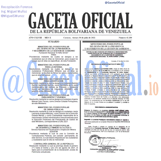 Gaceta Oficial 42180 del 30 julio 2021