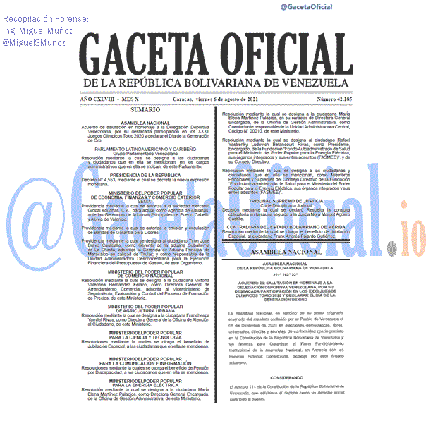 Gaceta Oficial 42186 del 6 agosto 2021 Gaceta Oficial 42185 del 6 agosto 2021