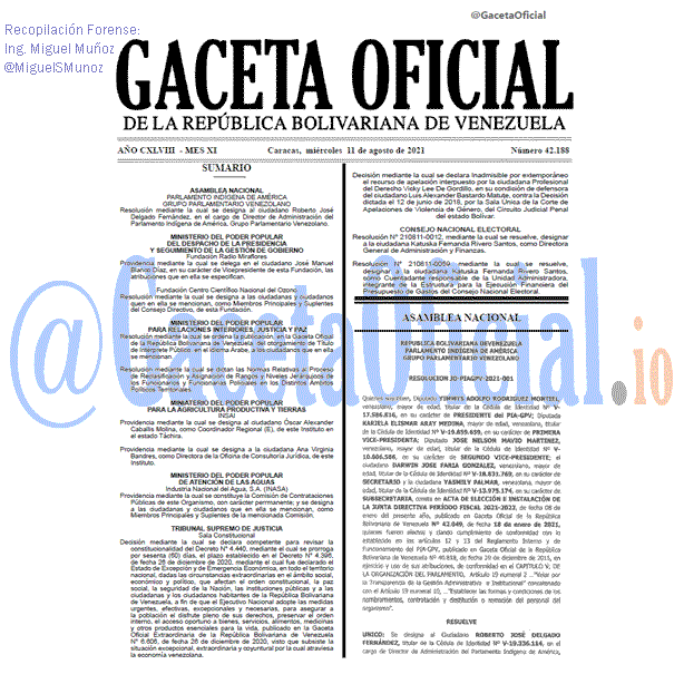 Gaceta Oficial 42188 del 11 agosto 2021