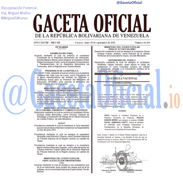 Gaceta Oficial 42216 del 20 septiembre 2021 Gaceta Oficial 42216 del 20 septiembre 2021