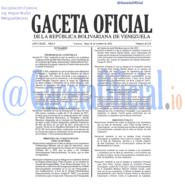 Gaceta Oficial 42231 del 11 octubre 2021 Gaceta Oficial 42231 del 11 octubre 2021