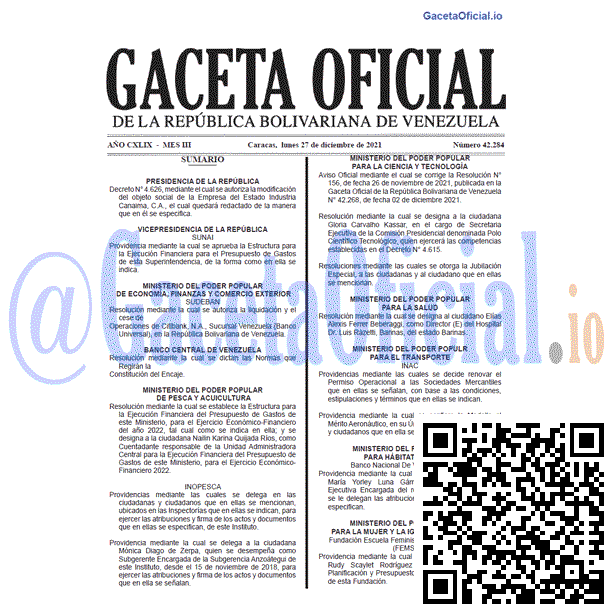 Gaceta Oficial 42284 del 27 diciembre 2021