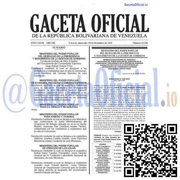 Gaceta Oficial 42286 del 29 diciembre 2021