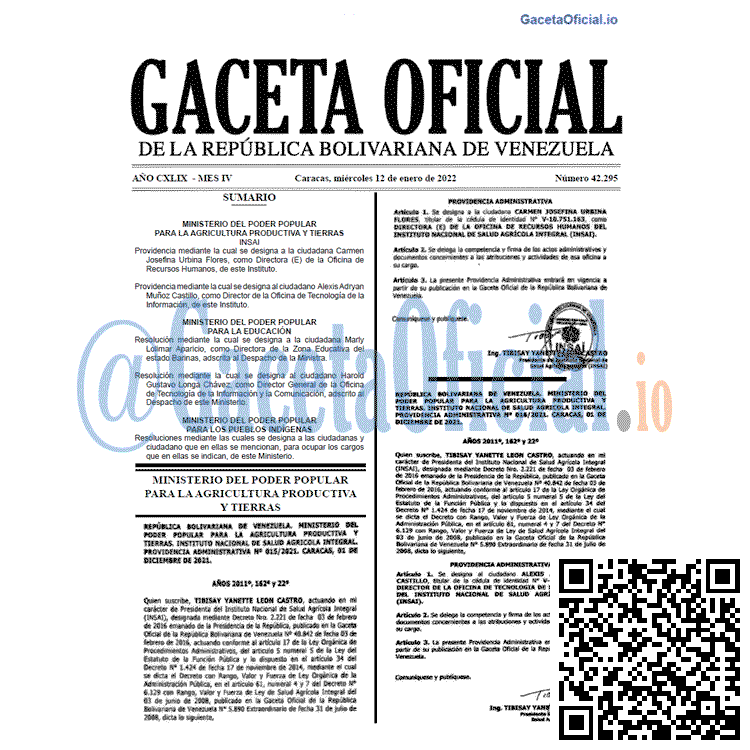 Gaceta Oficial 42295 del 12 enero 2022