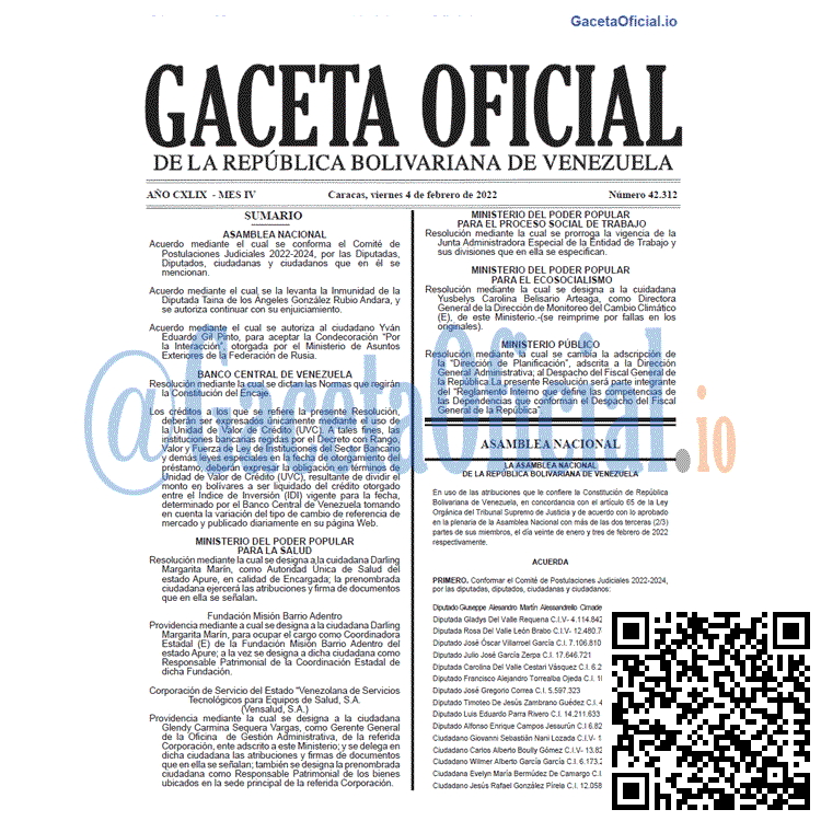Gaceta Oficial 42312 del 4 febrero 2022 Gaceta Oficial 42312 del 4 febrero 2022