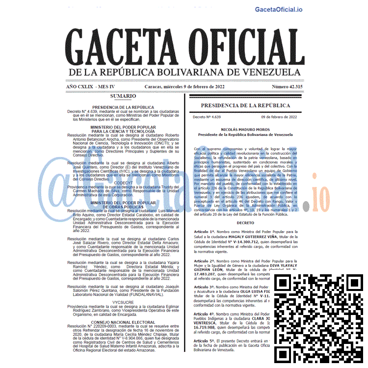 Gaceta Oficial 42315 del 9 febrero 2022