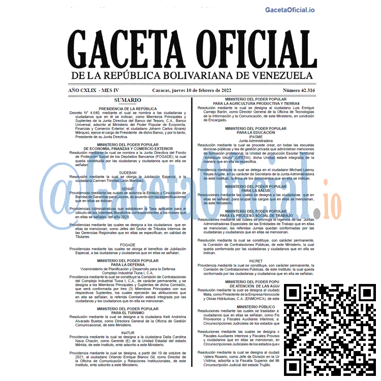Gaceta Oficial 42316 del 10 febrero 2022