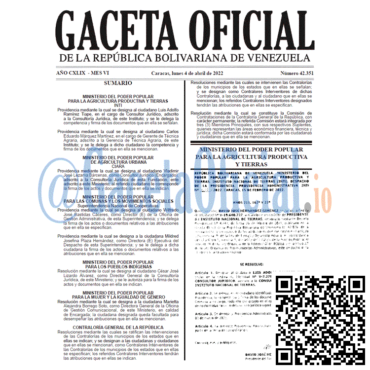 Gaceta Oficial 42351 del 4 abril 2022