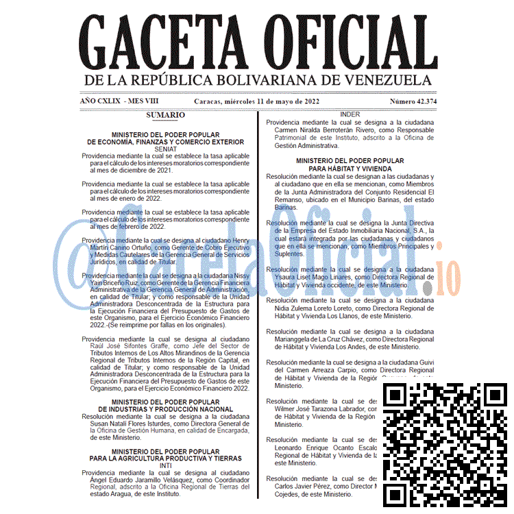 Venezuela Gaceta Oficial 42374 del 11 mayo 2022