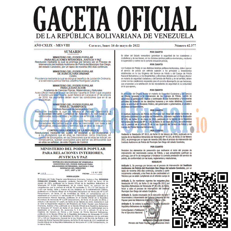Venezuela Gaceta Oficial 42377 del 16 mayo 2022