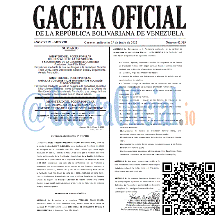 Venezuela Gaceta Oficial 42389 del 1 junio 2022