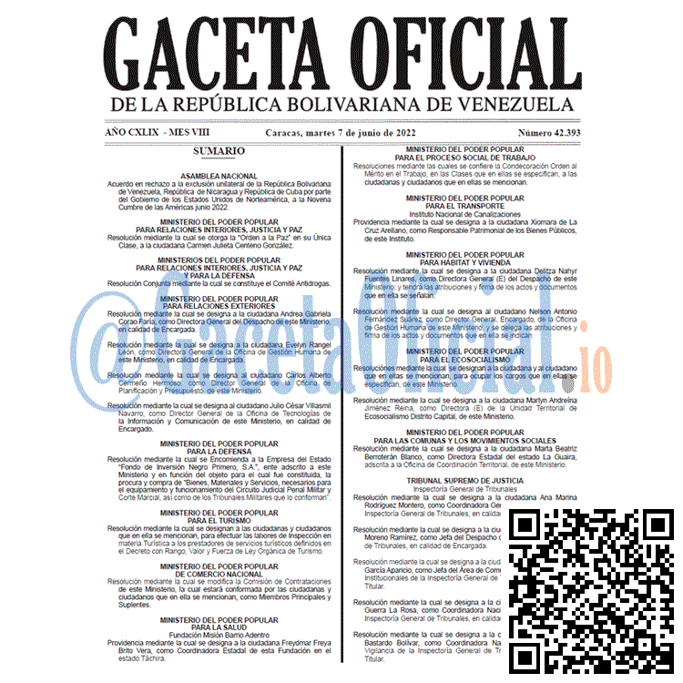 Venezuela Gaceta Oficial 42393 del 7 junio 2022