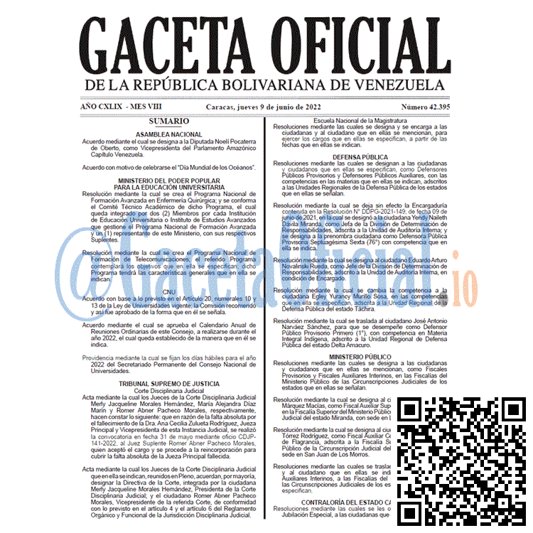 Venezuela Gaceta Oficial 42395 del 9 junio 2022