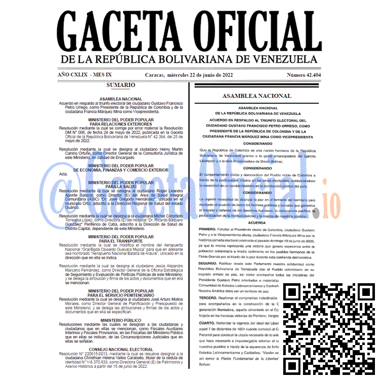 Venezuela Gaceta Oficial 42404 del 22 junio 2022