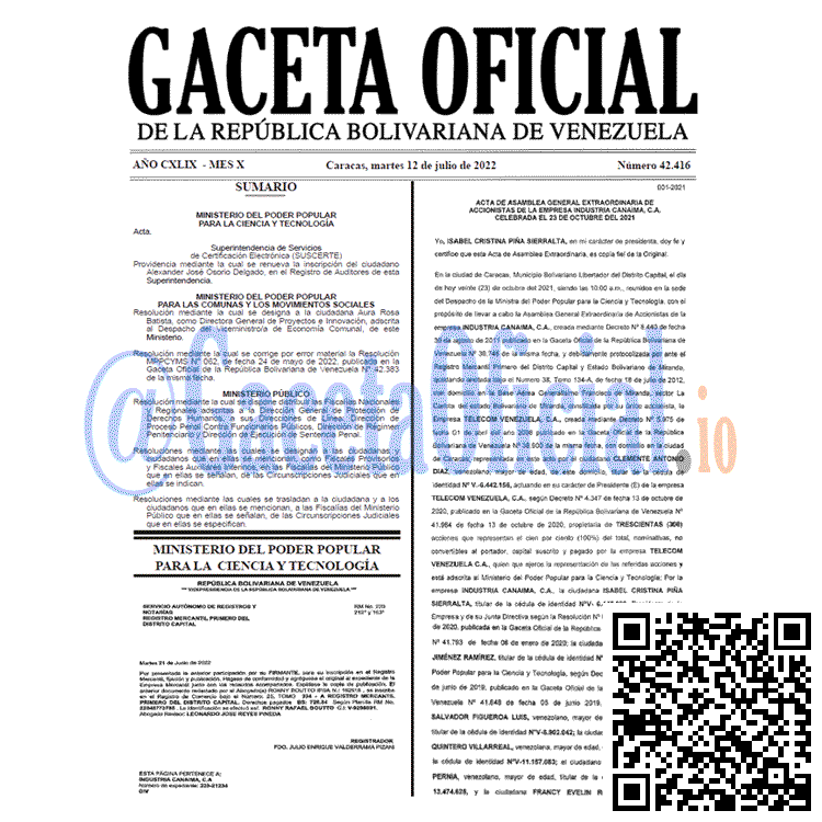 Venezuela Gaceta Oficial 42416 del 12 julio 2022