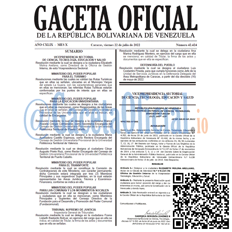 Venezuela Gaceta Oficial 42424 del 22 julio 2022