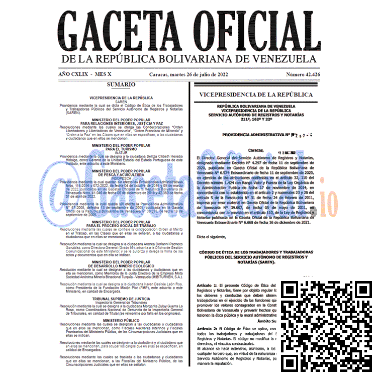 Venezuela Gaceta Oficial 42426 del 26 julio 2022