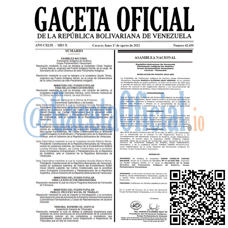 Venezuela Gaceta Oficial 42430 del 1 agosto 2022