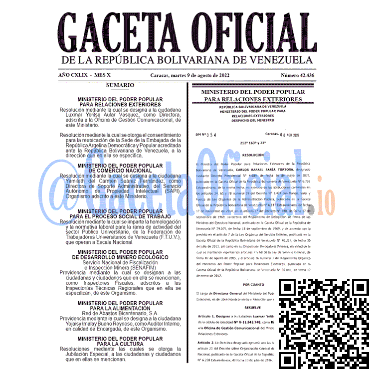 Venezuela Gaceta Oficial 42436 del 9 agosto 2022