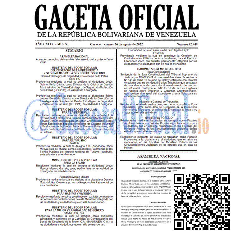 Venezuela Gaceta Oficial 42449 del 26 agosto 2022