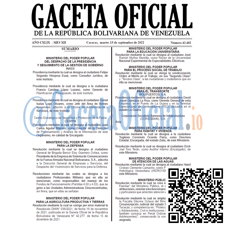 Venezuela Gaceta Oficial 42461 del 13 septiembre 2022