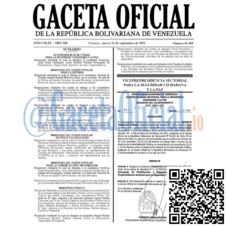 Venezuela Gaceta Oficial 42468 del 22 septiembre 2022