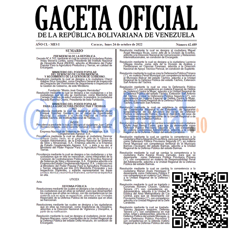 Venezuela Gaceta Oficial 42489 del 24 octubre 2022 Gaceta Oficial Venezuela #42489 del 24 octubre 2022