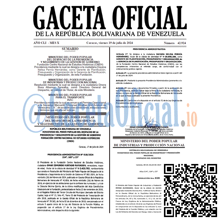 Venezuela Gaceta Oficial 42924 del 19 julio 2024 Gaceta Oficial, Gaceta 42924, Gaceta 42924 HD, Gaceta #42924, Gaceta Oficial Venezuela #42924