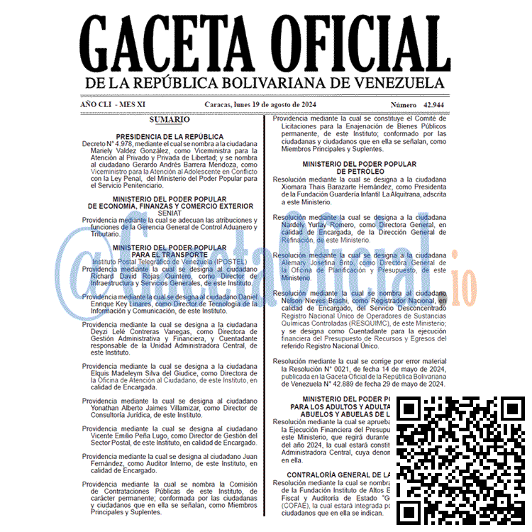 Venezuela Gaceta Oficial 42944 del 19 agosto 2024 Gaceta Oficial, Gaceta 42944, Gaceta 42944 HD, Gaceta #42944, Gaceta Oficial Venezuela #42944