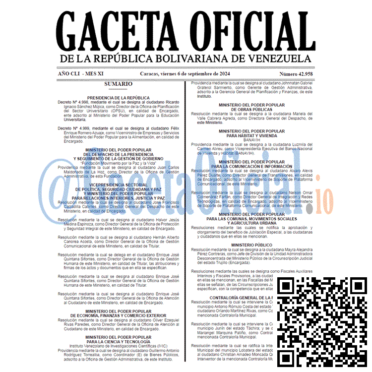 Venezuela Gaceta Oficial 42958 del 6 septiembre 2024 Gaceta Oficial, Gaceta 42958, Gaceta 42958 HD, Gaceta #42958, Gaceta Oficial Venezuela #42958