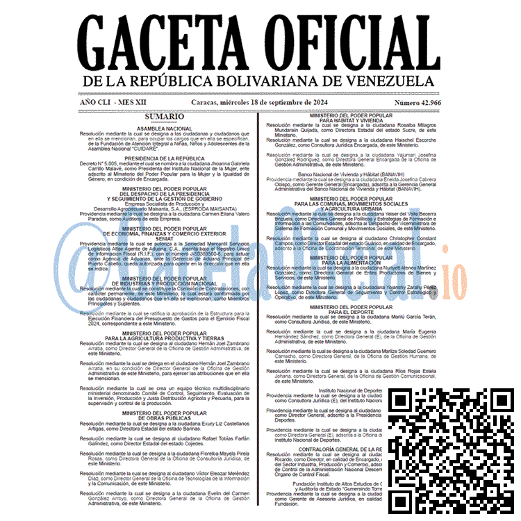 Venezuela Gaceta Oficial 42966 del 18 septiembre 2024 Gaceta Oficial, Gaceta 42966, Gaceta 42966 HD, Gaceta #42966, Gaceta Oficial Venezuela #42966