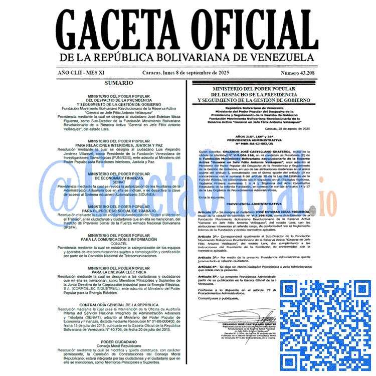 Gaceta Oficial, Gaceta 43208, Gaceta 43208 HD, Gaceta #43208, Gaceta Oficial Venezuela #43208