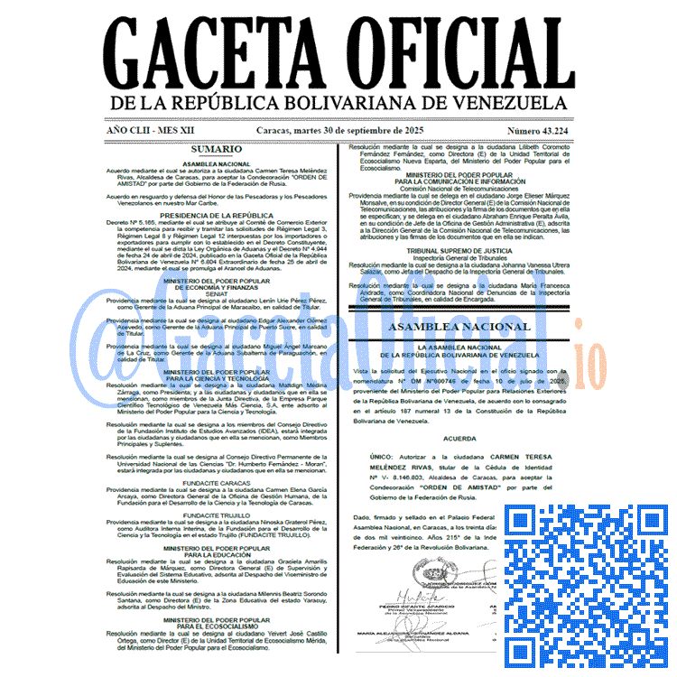 Venezuela Gaceta Oficial 43224 del 30 septiembre 2025 Gaceta Oficial, Gaceta 43224, Gaceta 43224 HD, Gaceta #43224, Gaceta Oficial Venezuela #43224