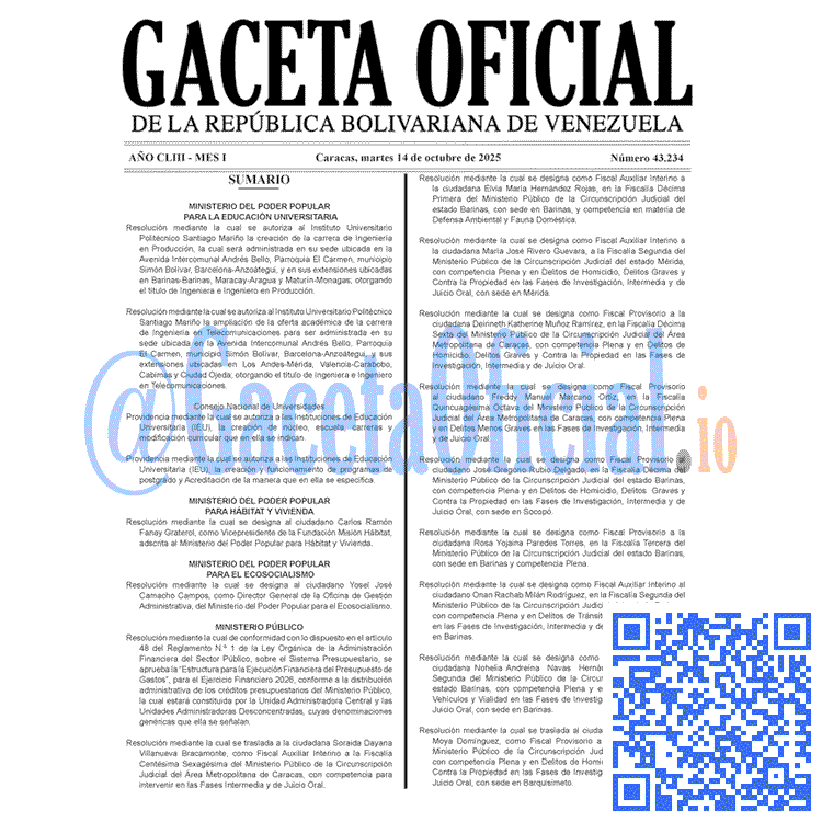 Venezuela Gaceta Oficial 43234 del 14 octubre 2025 Gaceta Oficial, Gaceta 43234, Gaceta 43234 HD, Gaceta #43234, Gaceta Oficial Venezuela #43234