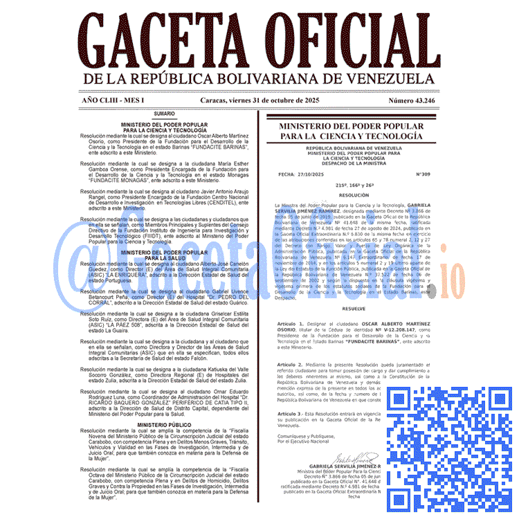 Venezuela Gaceta Oficial 43246 del 31 octubre 2025 Gaceta Oficial, Gaceta 43246, Gaceta 43246 HD, Gaceta #43246, Gaceta Oficial Venezuela #43246