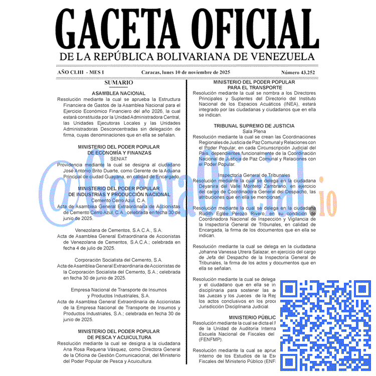 Venezuela Gaceta Oficial 43252 del 10 noviembre 2025 Gaceta Oficial, Gaceta 43252, Gaceta 43252 HD, Gaceta #43252, Gaceta Oficial Venezuela #43252