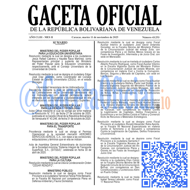 Venezuela Gaceta Oficial 43253 del 11 noviembre 2025 Gaceta Oficial, Gaceta 43253, Gaceta 43253 HD, Gaceta #43253, Gaceta Oficial Venezuela #43253