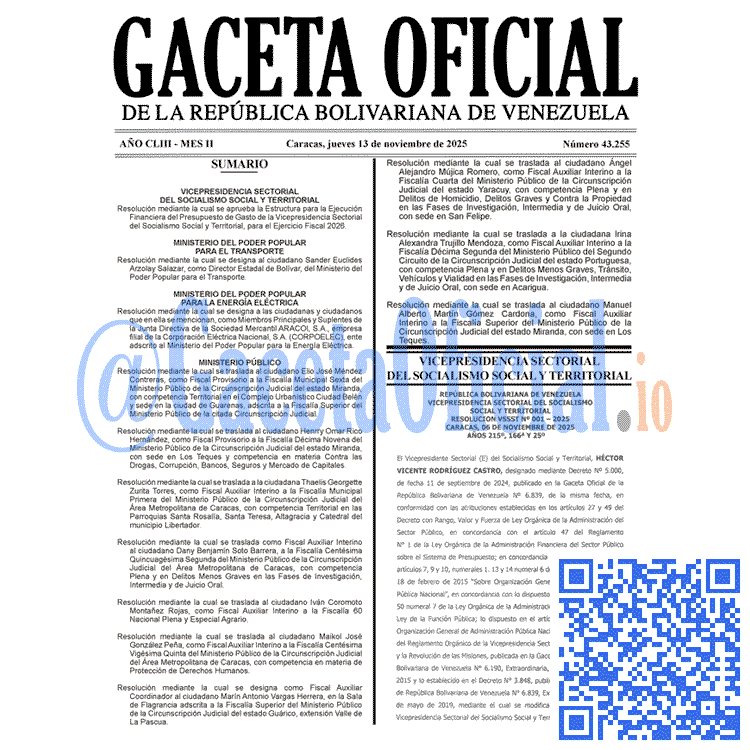 Venezuela Gaceta Oficial 43255 del 13 noviembre 2025 Gaceta Oficial, Gaceta 43255, Gaceta 43255 HD, Gaceta #43255, Gaceta Oficial Venezuela #43255
