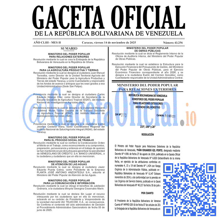 Venezuela Gaceta Oficial 43256 del 14 noviembre 2025 Gaceta Oficial, Gaceta 43256, Gaceta 43256 HD, Gaceta #43256, Gaceta Oficial Venezuela #43256