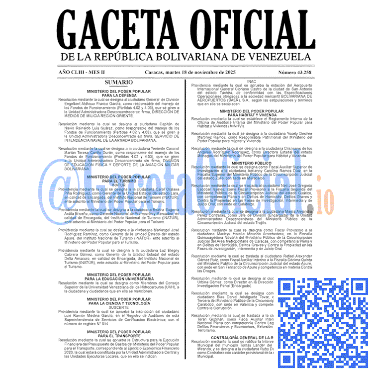 Venezuela Gaceta Oficial 43258 del 18 noviembre 2025 Gaceta Oficial, Gaceta 43258, Gaceta 43258 HD, Gaceta #43258, Gaceta Oficial Venezuela #43258